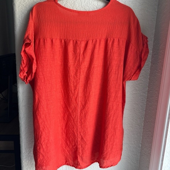 Saiph Womens Linen Short Sleeve XL Orange Lightweight Spring Peasant‎ Boho Top - Picture 3 of 8